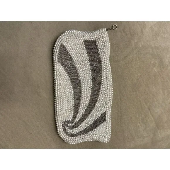 Antique Hand Beaded Pearl Evening Bag Cream Clutch w/Beaded Accents Zipper Close - Picture 3 of 11
